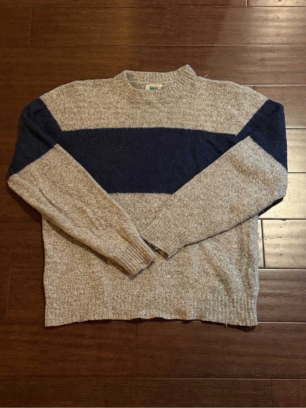 REI Vintage Gray and Navy Crewneck Sweater